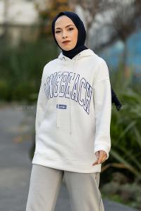 Modalamelif Kapüşonlu Detaylı Yazı Baskılı Sweat Beyaz