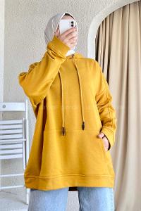 Modalamelif Kapüşonlu Kanguru Cepli Salaş Sweat Hardal