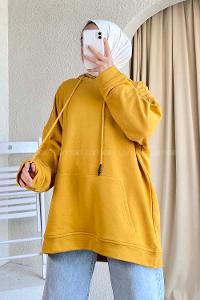 Modalamelif Kapüşonlu Kanguru Cepli Salaş Sweat Hardal