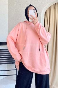 Modalamelif Kapüşonlu Kanguru Cepli Salaş Sweat Pudra