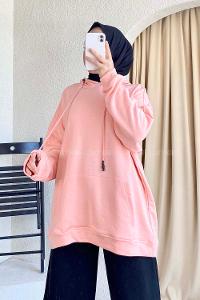 Modalamelif Kapüşonlu Kanguru Cepli Salaş Sweat Pudra