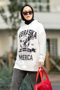 Modalamelif Kapüşonlu Nebraska Baskılı Sweat Beyaz