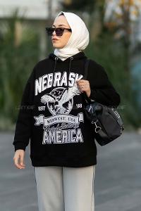 Modalamelif Kapüşonlu Nebraska Baskılı Sweat Siyah