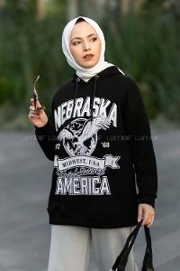 Modalamelif Kapüşonlu Nebraska Baskılı Sweat Siyah