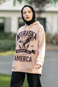 Modalamelif Kapüşonlu Nebraska Baskılı Sweat Sütlükahve