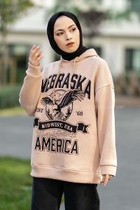 Modalamelif Kapüşonlu Nebraska Baskılı Sweat Sütlükahve