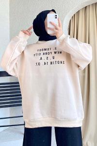 Modalamelif Yarım Balıkçı Yaka Yazı Baskılı Salaş Sweat Krem