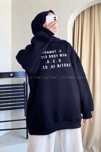 Modalamelif Yarım Balıkçı Yaka Yazı Baskılı Salaş Sweat Siyah