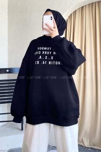 Modalamelif Yarım Balıkçı Yaka Yazı Baskılı Salaş Sweat Siyah