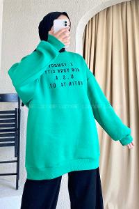 Modalamelif Yarım Balıkçı Yaka Yazı Baskılı Salaş Sweat Yeşil