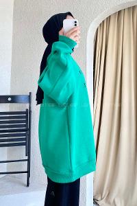 Modalamelif Yarım Balıkçı Yaka Yazı Baskılı Salaş Sweat Yeşil