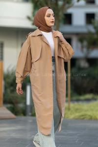 Modalamelif Yırtmaç Detaylı Önü Boydan Düğmeli Salaş Trenç Bej