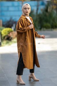 Modalamelif Yırtmaç Detaylı Önü Boydan Düğmeli Salaş Trenç Camel