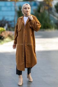 Modalamelif Yırtmaç Detaylı Önü Boydan Düğmeli Salaş Trenç Camel