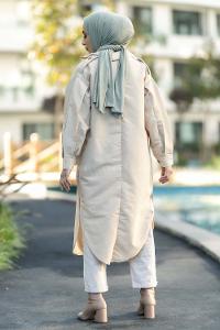 Modalamelif Yırtmaç Detaylı Önü Boydan Düğmeli Salaş Trenç Taş