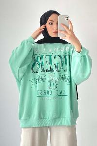 Modalamelif Bisiklet Yaka Brooklyn Yazı Baskılı Sweat Mint