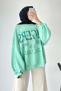 Modalamelif Bisiklet Yaka Brooklyn Yazı Baskılı Sweat Mint