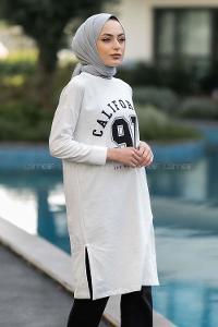 Modalamelif Bisiklet Yaka California Yazı Baskılı Yırtmaçlı Tunik Beyaz