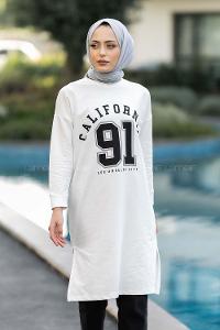 Modalamelif Bisiklet Yaka California Yazı Baskılı Yırtmaçlı Tunik Beyaz