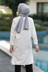 Modalamelif Bisiklet Yaka California Yazı Baskılı Yırtmaçlı Tunik Beyaz