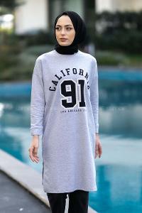 Modalamelif Bisiklet Yaka California Yazı Baskılı Yırtmaçlı Tunik Gri