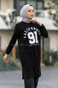 Modalamelif Bisiklet Yaka California Yazı Baskılı Yırtmaçlı Tunik Siyah