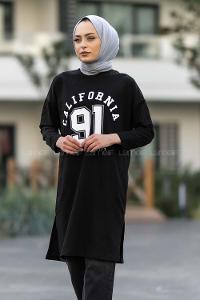 Modalamelif Bisiklet Yaka California Yazı Baskılı Yırtmaçlı Tunik Siyah