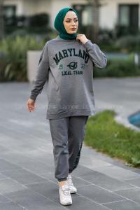 Modalamelif Bisiklet Yaka Maryland Yazı Baskılı Detaylı Takım Gri
