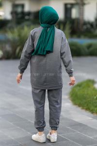 Modalamelif Bisiklet Yaka Maryland Yazı Baskılı Detaylı Takım Gri