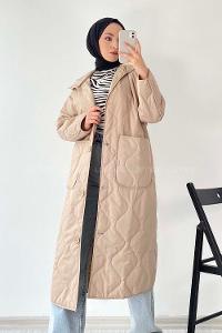 Modalamelif Kapüşon Detaylı Çift Cepli Kapitone Mont Bej