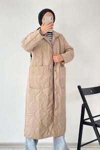 Modalamelif Kapüşon Detaylı Çift Cepli Kapitone Mont Bej