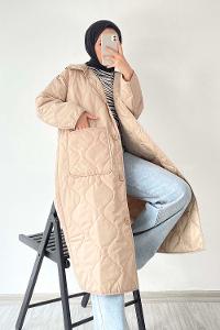 Modalamelif Kapüşon Detaylı Çift Cepli Kapitone Mont Bej