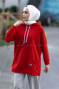 Modalamelif Kapüşon Detaylı Kanguru Cepli Arma Nakışlı Sweat Kırmızı