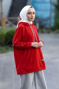 Modalamelif Kapüşon Detaylı Kanguru Cepli Arma Nakışlı Sweat Kırmızı