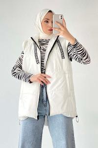 Modalamelif Kapüşon Detaylı Kol Fermuar Detaylı Yelek Mont Beyaz
