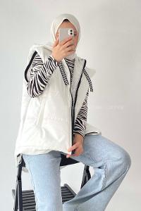 Modalamelif Kapüşon Detaylı Kol Fermuar Detaylı Yelek Mont Beyaz