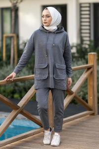 Modalamelif Kapüşon Yaka Torba Kapak Cepli İkili Takım Gri