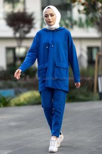 Modalamelif Kapüşon Yaka Torba Kapak Cepli İkili Takım İndigo