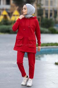 Modalamelif Kapüşon Yaka Torba Kapak Cepli İkili Takım Kırmızı