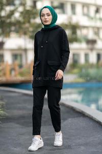 Modalamelif Kapüşon Yaka Torba Kapak Cepli İkili Takım Siyah