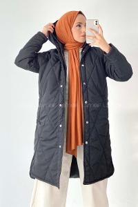 Modalamelif Kapüşonlu Çift Cepli Çıtçıt Düğme Şişme Mont Siyah