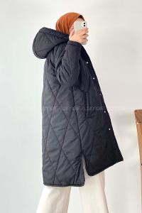 Modalamelif Kapüşonlu Çift Cepli Çıtçıt Düğme Şişme Mont Siyah