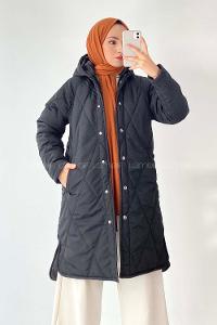 Modalamelif Kapüşonlu Çift Cepli Çıtçıt Düğme Şişme Mont Siyah