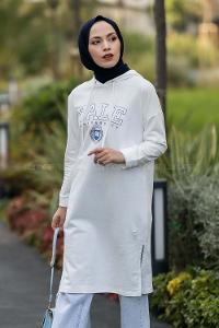 Modalamelif Kapüşonlu Yale Yazı Baskılı Yırtmaçlı Tunik Beyaz