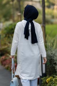 Modalamelif Kapüşonlu Yale Yazı Baskılı Yırtmaçlı Tunik Beyaz