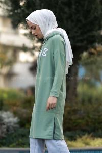 Modalamelif Kapüşonlu Yale Yazı Baskılı Yırtmaçlı Tunik Çağla Yeşili