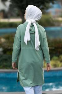 Modalamelif Kapüşonlu Yale Yazı Baskılı Yırtmaçlı Tunik Çağla Yeşili