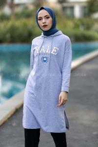 Modalamelif Kapüşonlu Yale Yazı Baskılı Yırtmaçlı Tunik Gri