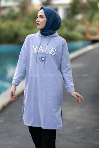 Modalamelif Kapüşonlu Yale Yazı Baskılı Yırtmaçlı Tunik Gri