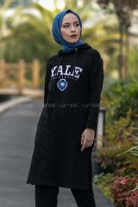 Modalamelif Kapüşonlu Yale Yazı Baskılı Yırtmaçlı Tunik Siyah
